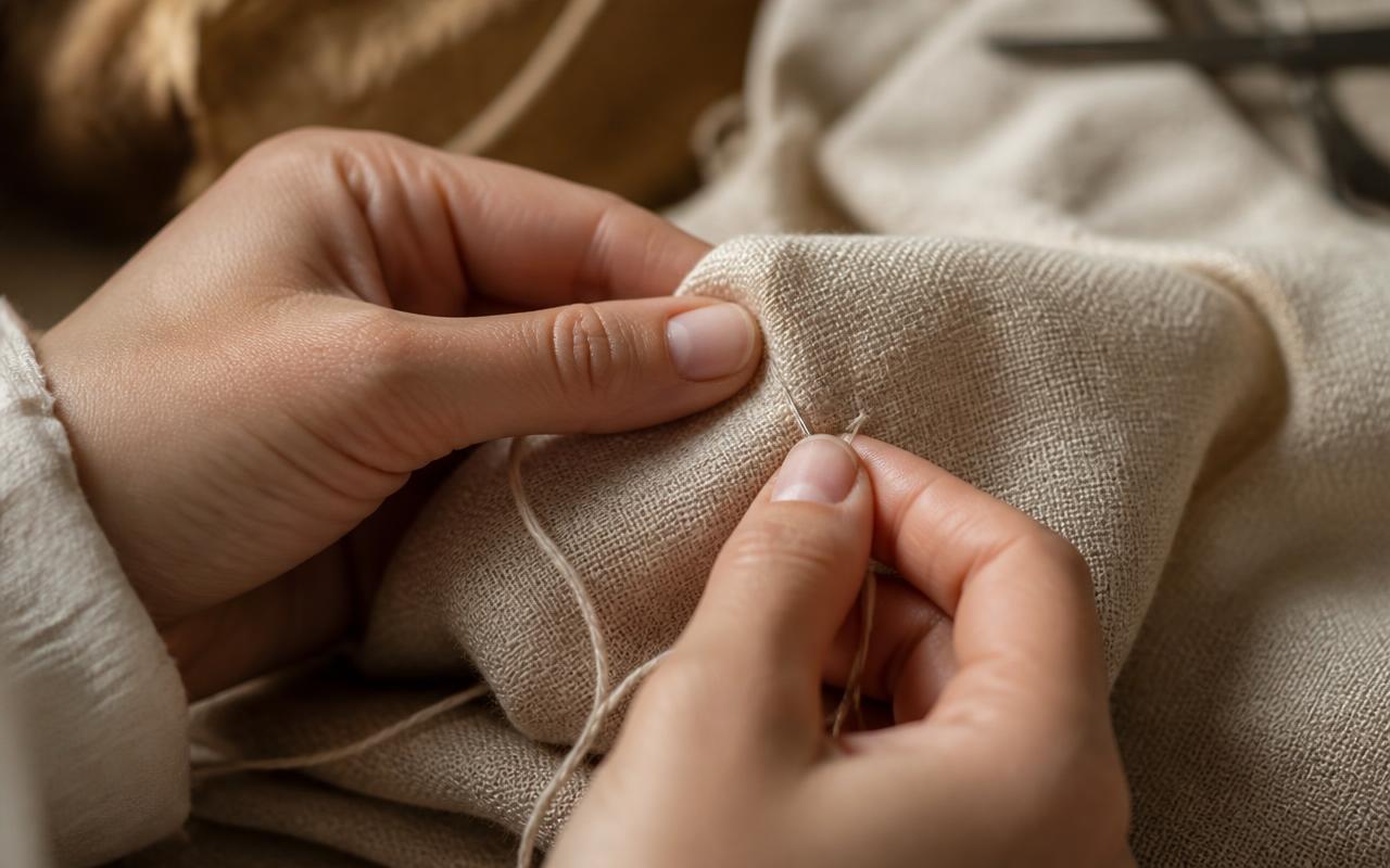 Hands hand-stitching natural linen