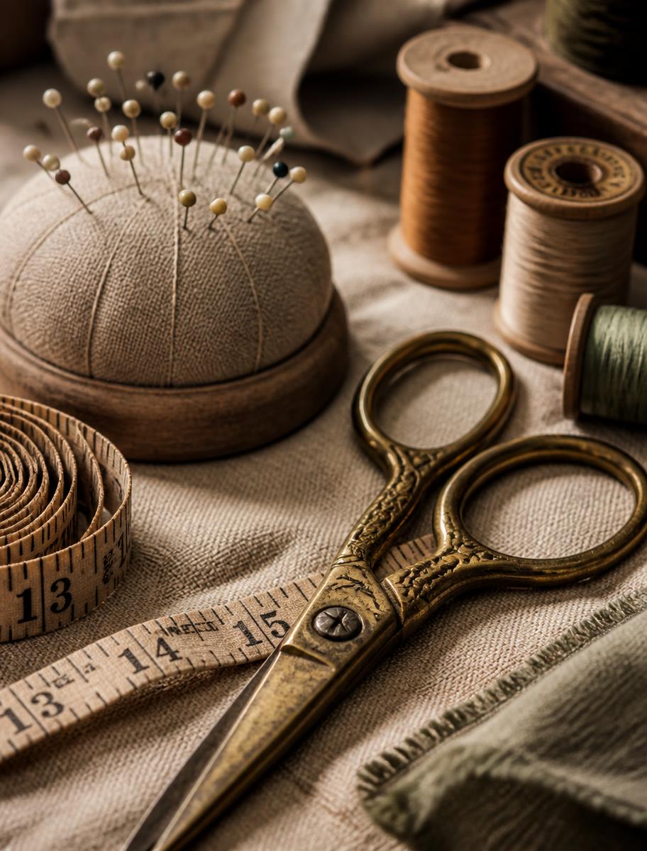 Vintage brass scissors, pins and thread spools on linen